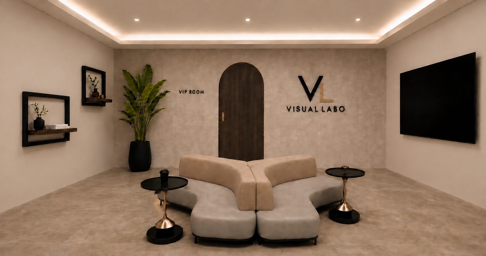 VISUAL LABO 新橋店の待合ラウンジ|VIP ROOMへ続く扉